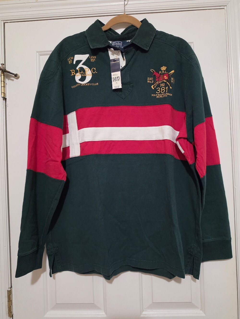 NWT Polo by Ralph Lauren Green Rugby Shirt with Red & White Stripe